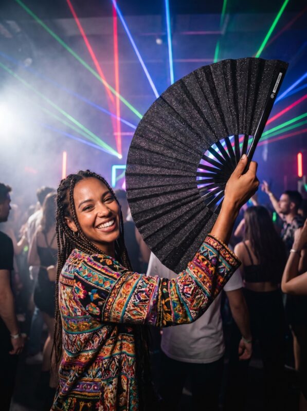 Éventail de festival noir pailleté – un accessoire élégant pour les raves et la Gay Pride