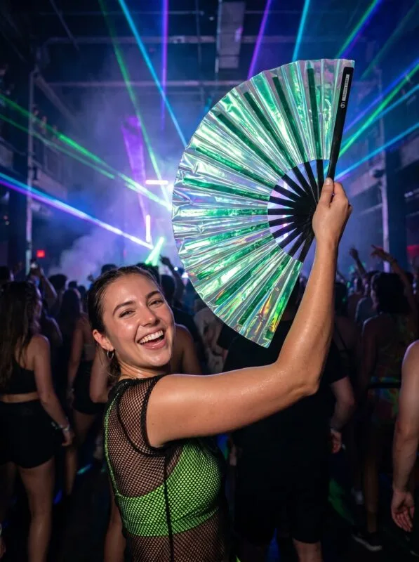 Festival Fan Holographique Vert – accessoire iridescent Rave