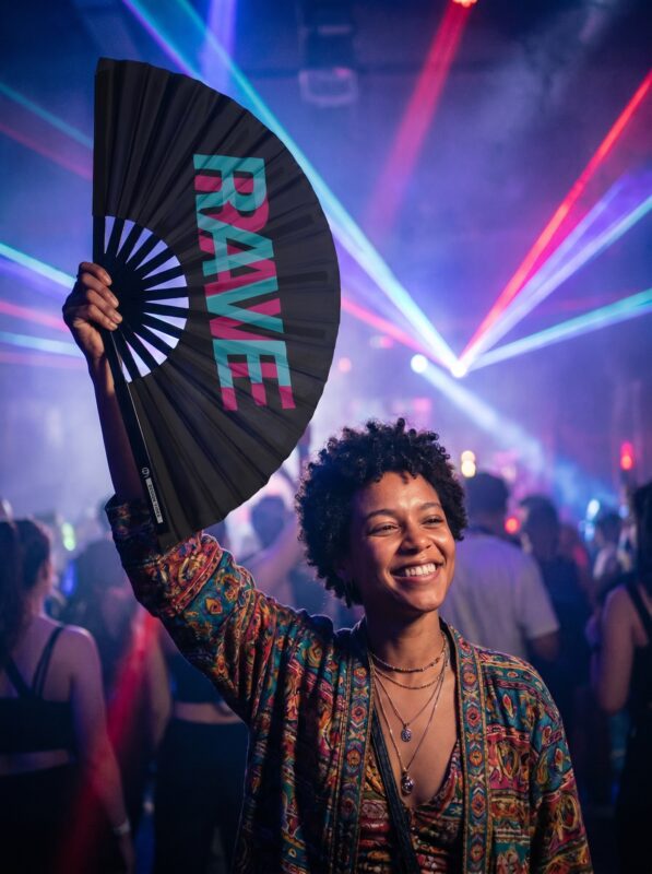 Éventail de festival « RAVE » noir, bleu sarcelle et rose – Accessoire techno et rave