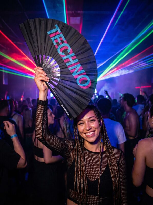 Éventail de festival « TECHNO » noir, bleu sarcelle et rose – Techno & Rave